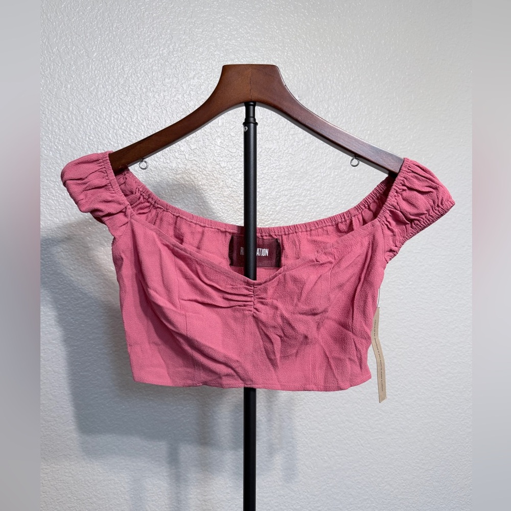 Reformation Pink Off the Shoulder Smocked Sleeve Crop Top - Women’s Size 2